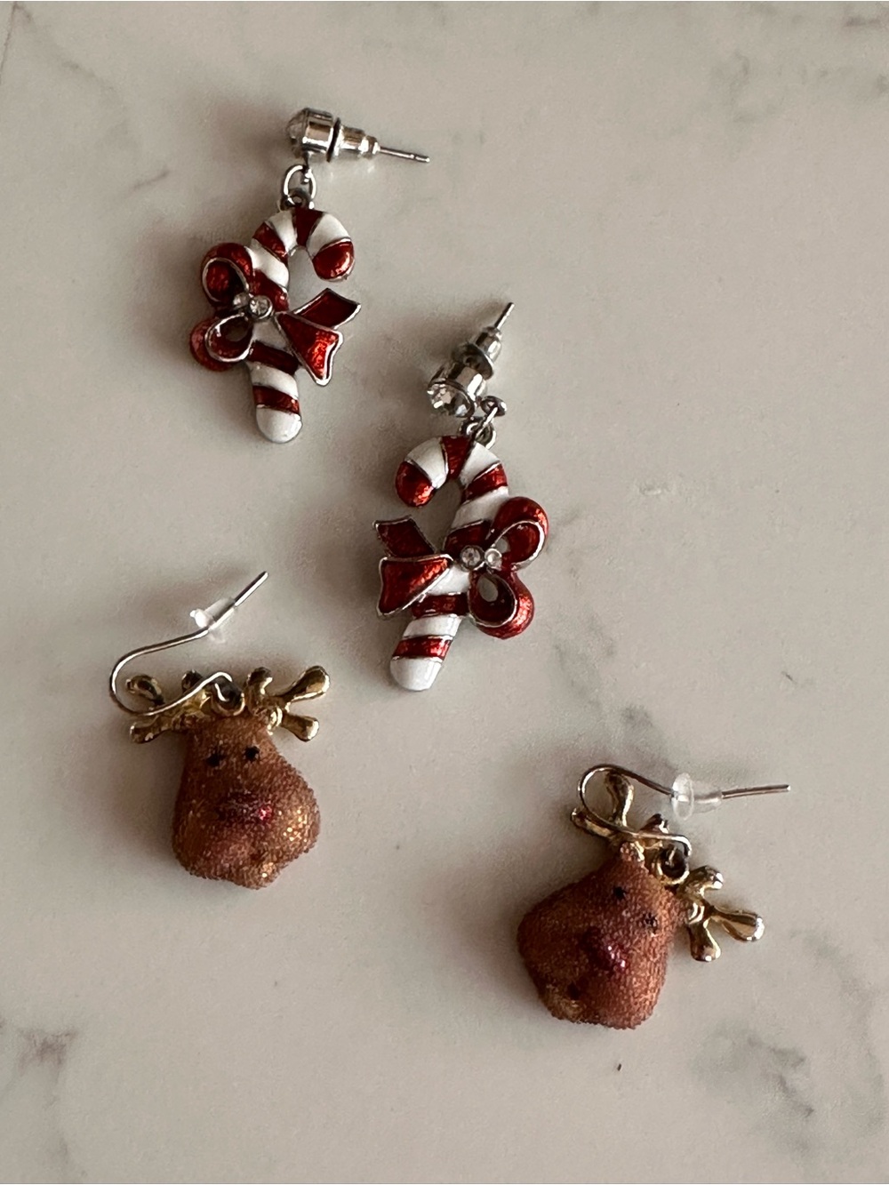 Festive Red & White Candy Cane and Gold Reindeer Drop Earrings Set